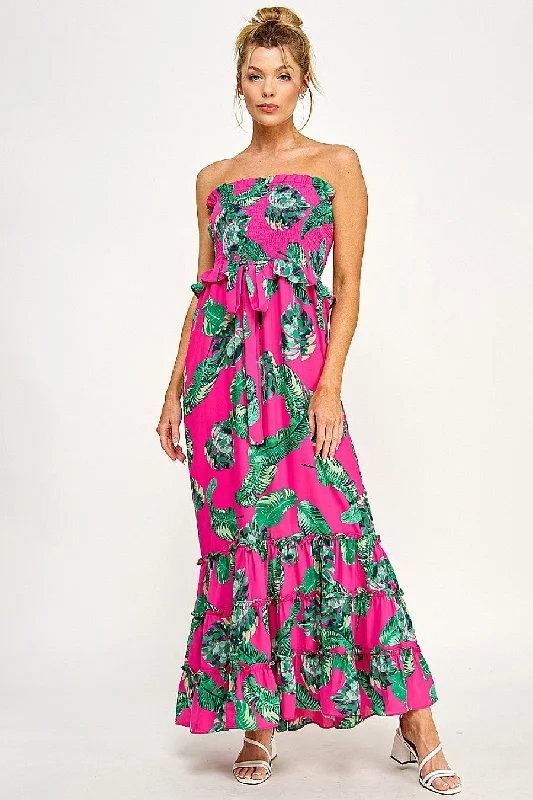 Long Strapless Floral Tiered Maxi Dress Cozy Maxi Dress with Slit