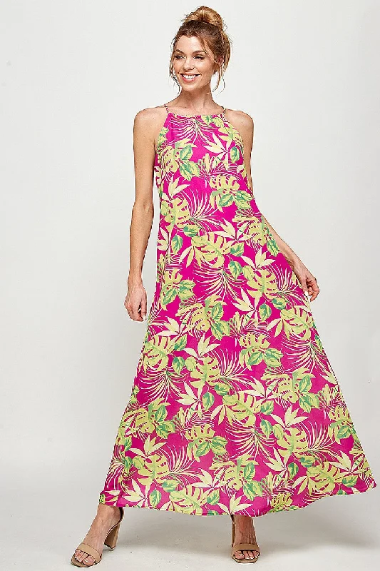 Long Tropical Print Maxi Dress Casual Maxi Dress with Pockets