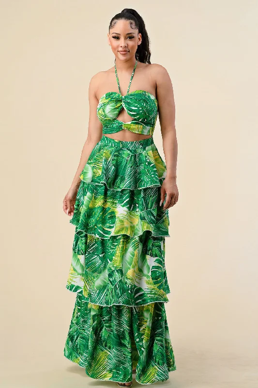 Long Tropical Print Ruffle Halter Maxi Dress Chic Button-Up Maxi Dress