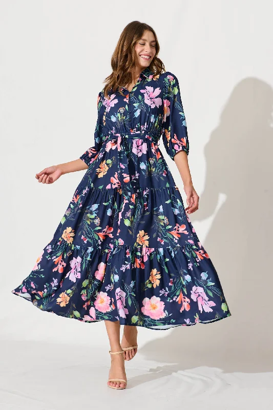 Love Song Maxi Dress In Navy With Multi Floral Print Classic V-Neck Maxi Dress