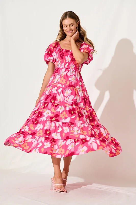 Lucy Maxi Dress In Multi Pink Floral Comfortable Ruffle Maxi Dress