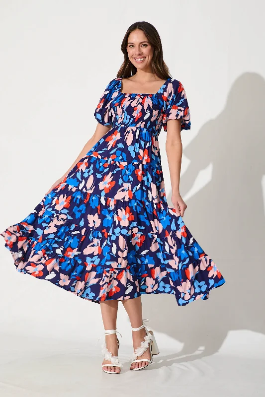 Lucy Maxi Dress In Navy With Pink Floral Fashionable Maxi Dress with Fringe