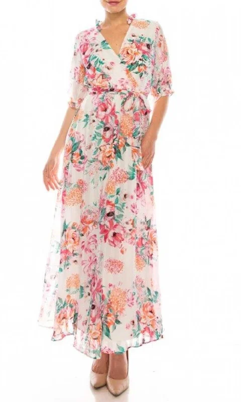 Maison Tara - 95289MSC Ruffled Floral Chiffon Maxi Dress Elegant Silk Maxi Dress