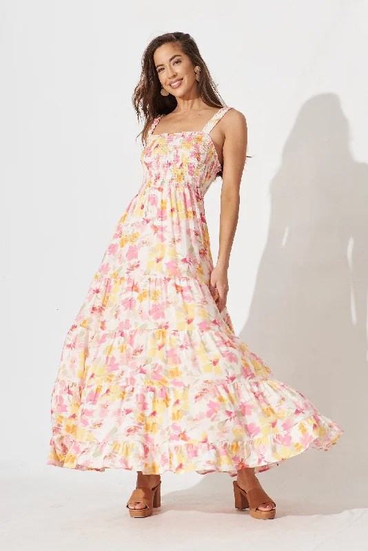 Marano Maxi Dress In White With Yellow Floral Elegant Maxi Dress with Lace