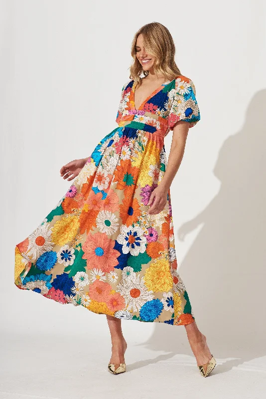 Mel Maxi Dress In Bright Multi Floral Fashionable High-Waist Maxi Dress
