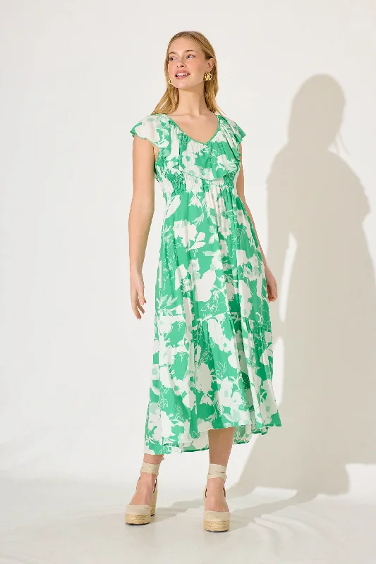 Mireille Maxi Dress In Green With White Floral Elegant Maxi Dress with Drapes