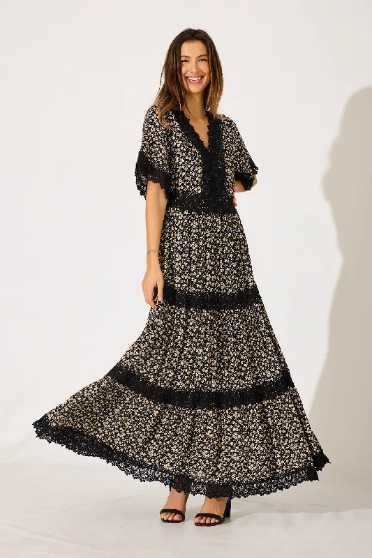 Mona Maxi Dress In Black With Cream Ditsy Floral Trendy V-Neck Maxi Dress