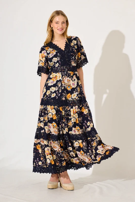 Mona Maxi Dress In Ink With Rust Floral Comfortable Pleated Maxi Dress