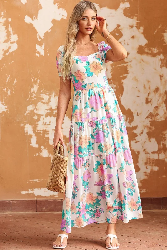 Multicolor Square Neck Puff Sleeve Tiered Floral Maxi Dress Trendy Maxi Dress with Lace Multicolor Square Neck Puff Sleeve Tiered Floral Maxi Dress Trendy Maxi Dress with Lace