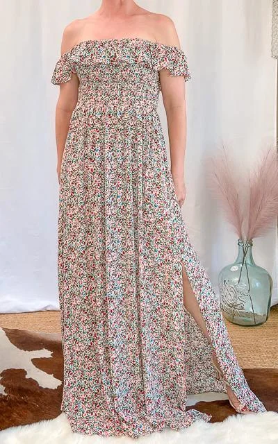 Julia Smocked Floral Off-Shoulder Side Slit Maxi Dress Fashionable High-Low Maxi Dress Julia Smocked Floral Off-Shoulder Side Slit Maxi Dress Fashionable High-Low Maxi Dress