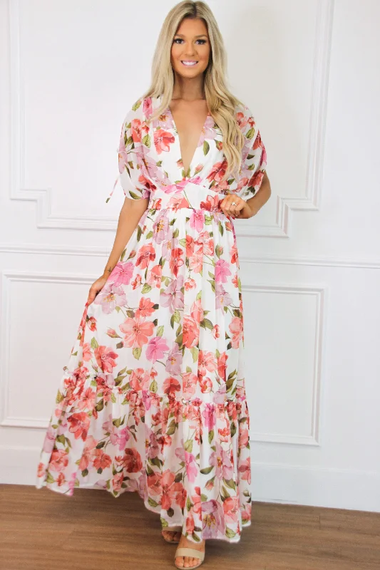 New Blossoms Floral Maxi Dress: White Multi Classic Solid Maxi Dress