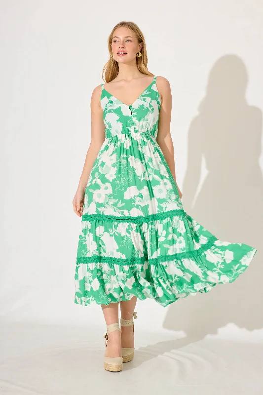 Nova Maxi Dress In Green With White Floral Elegant Maxi Dress with Belt