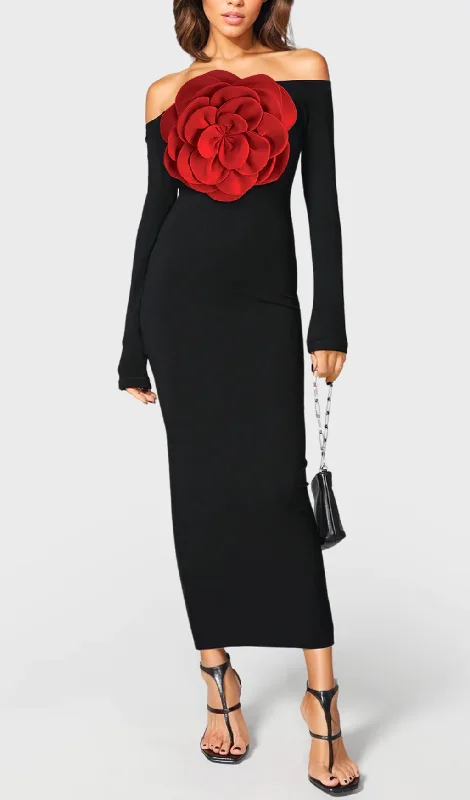 OFF SHOULDERS MAXI DRESS WITH ROSE Classic Black Maxi Dress