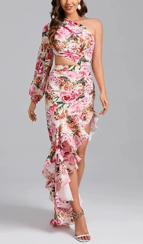 ONE SHOULDER FLORAL MAXI DRESS IN PINK Trendy A-Line Maxi Dress