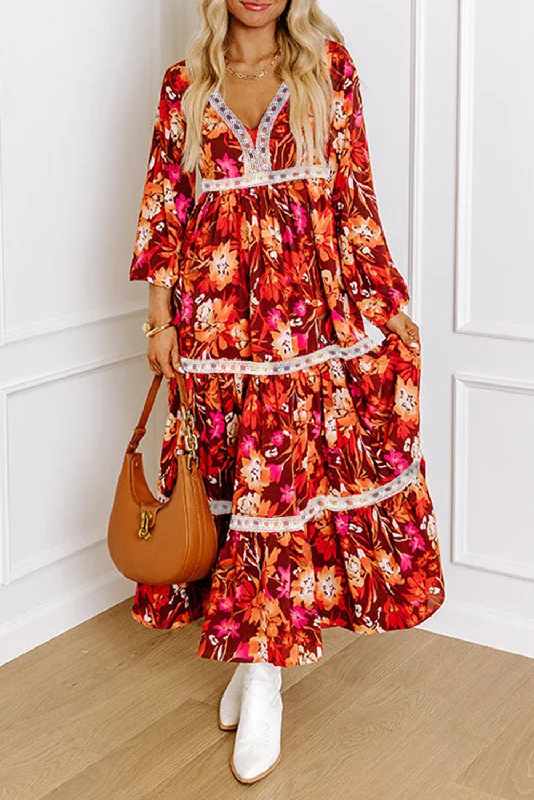 Orange Floral Print Lace Trim Patched V Neck Maxi Dress Cozy Knitted Maxi Dress