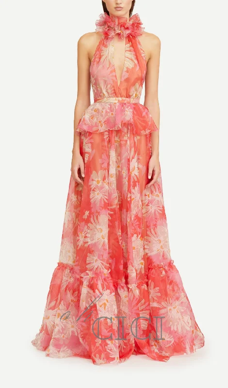 ORANGE FLORAL PRINTED SHEEVELESS HALTER MAXI DRESS Cozy Spaghetti Strap Maxi Dress