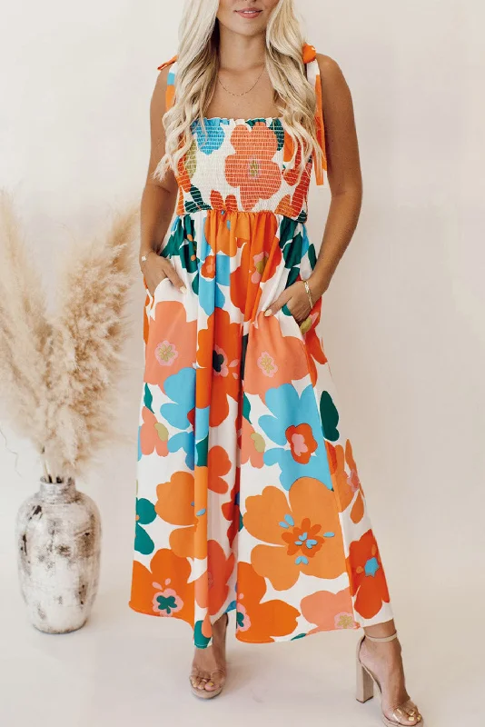 Orange Floral Self Tied Straps Smocked Bust Maxi Dress Elegant Velvet Maxi Dress