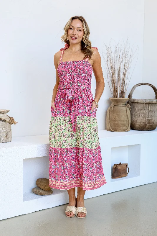 Parisian Tie Shoulder Maxi Dress - Soft Green/Pink - PREORDER Stylish V-Neck Maxi Dress