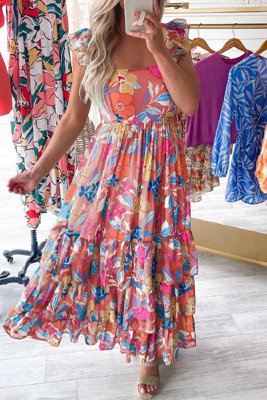 Pink Floral Print Sleeveless Ruffle Tiered Maxi Dress Stylish Maxi Dress with Frills Pink Floral Print Sleeveless Ruffle Tiered Maxi Dress Stylish Maxi Dress with Frills