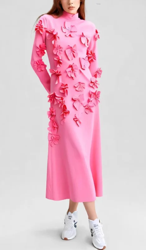 PINK FLOWER EMBELLISHED LONG SLEEVES MAXI DRESS Elegant Tiered Maxi Dress