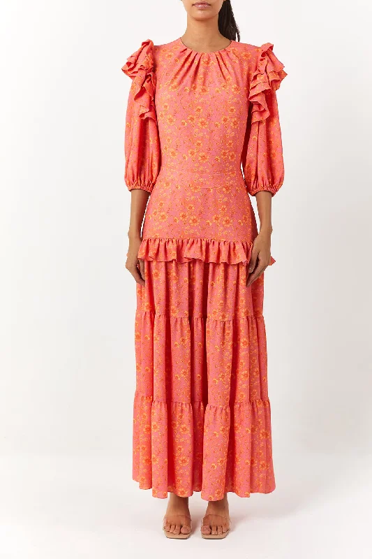 Poppy Maxi Dress | Orange&Pink Stylish Maxi Dress with Pleats