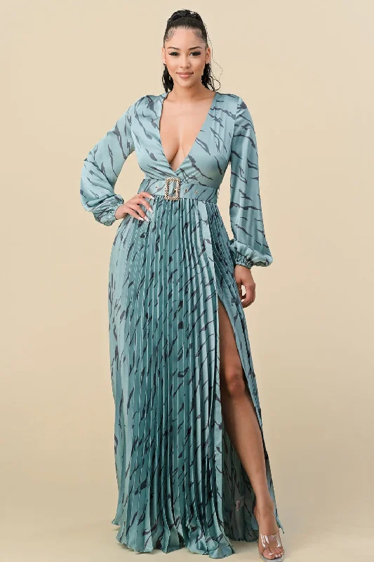 Printed Long Sleeve V Neck Belt Maxi Dress Stylish Empire Waist Maxi Dress