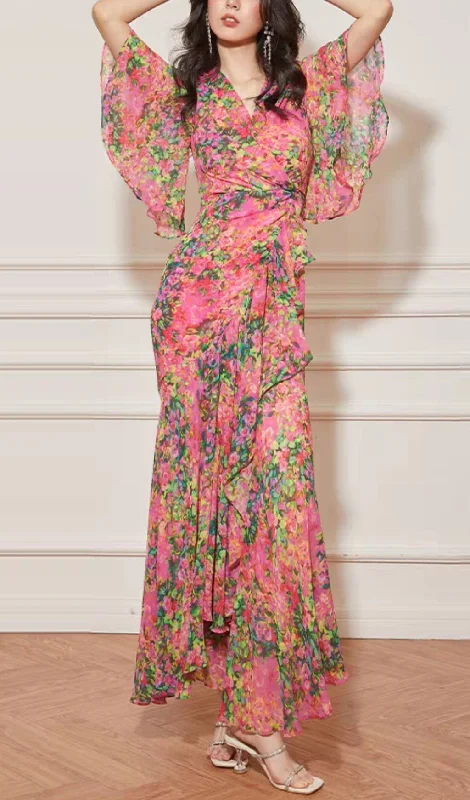 RETRO V-NECK FLORAL MAXI DRESS IN ROSE PINK Fashionable Chiffon Maxi Dress