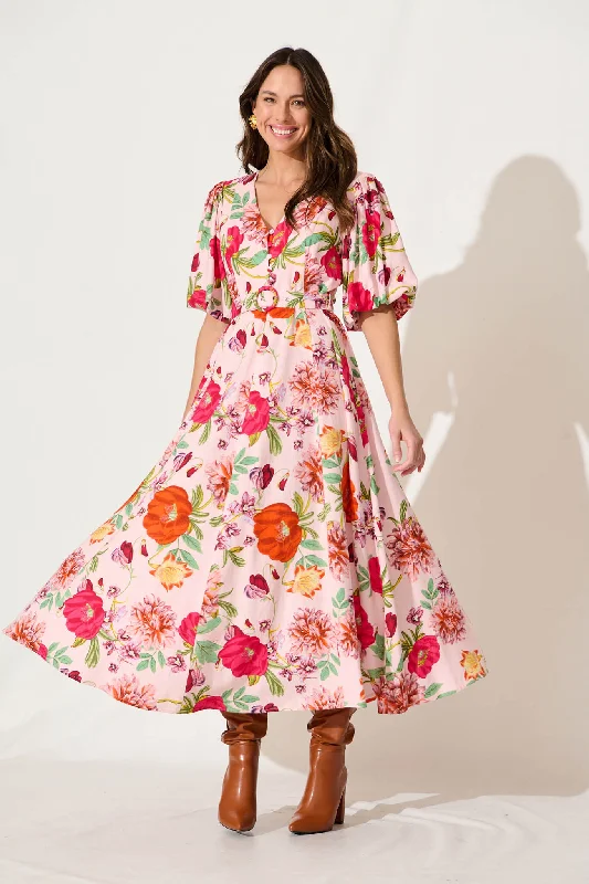 Robinson Maxi Dress In Pink And Bright Floral Linen Blend Cozy Open-Back Maxi Dress