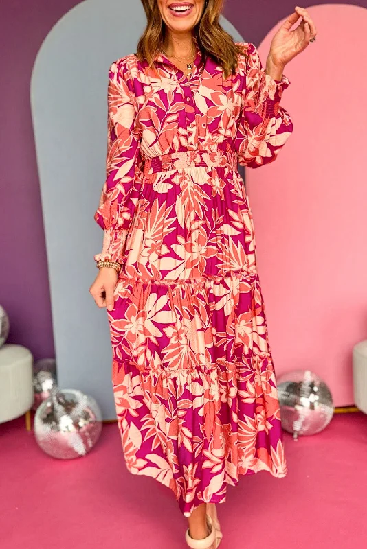 Rose Floral Print Buttoned Smocked High Waist Maxi Dress Comfortable Maxi Dress with Slits