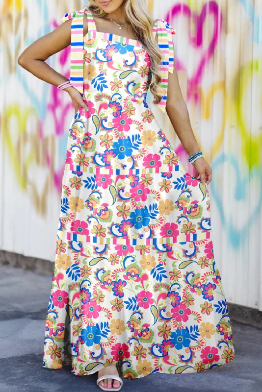 Rose Red Striped Trim Self-tie Straps Floral Maxi Dress Trendy Floral Print Maxi Dress Rose Red Striped Trim Self-tie Straps Floral Maxi Dress Trendy Floral Print Maxi Dress