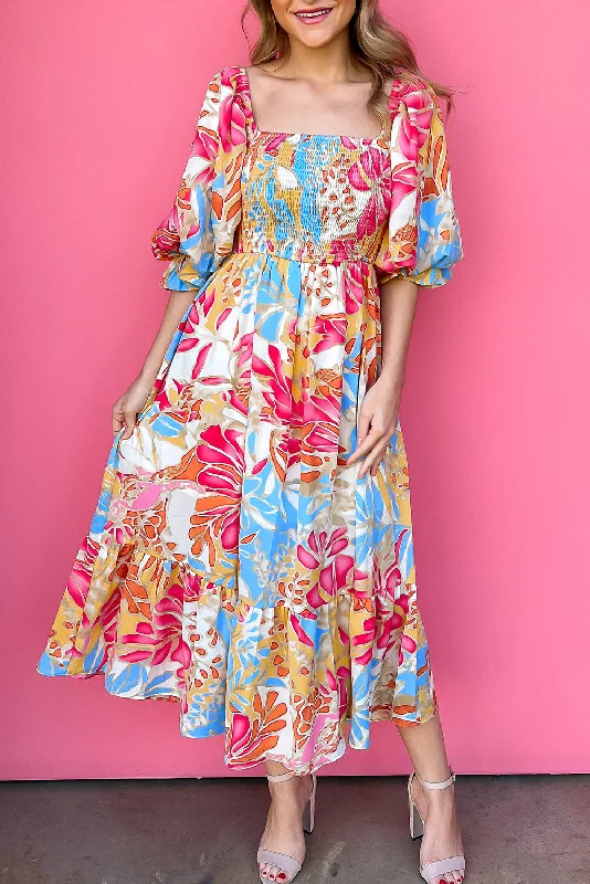 Rose Red Tropical Print Smocked Bodice Puff Sleeve Maxi Dress Elegant Maxi Dress with Slit Rose Red Tropical Print Smocked Bodice Puff Sleeve Maxi Dress Elegant Maxi Dress with Slit