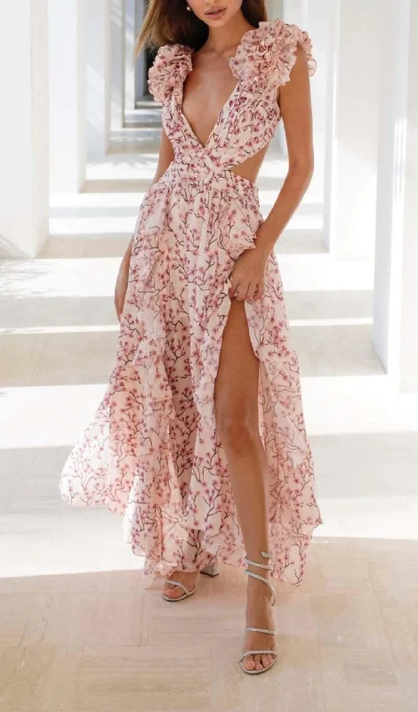 RUFFLED FLORAL CUTOUT MAXI DRESS Stylish One-Shoulder Maxi Dress