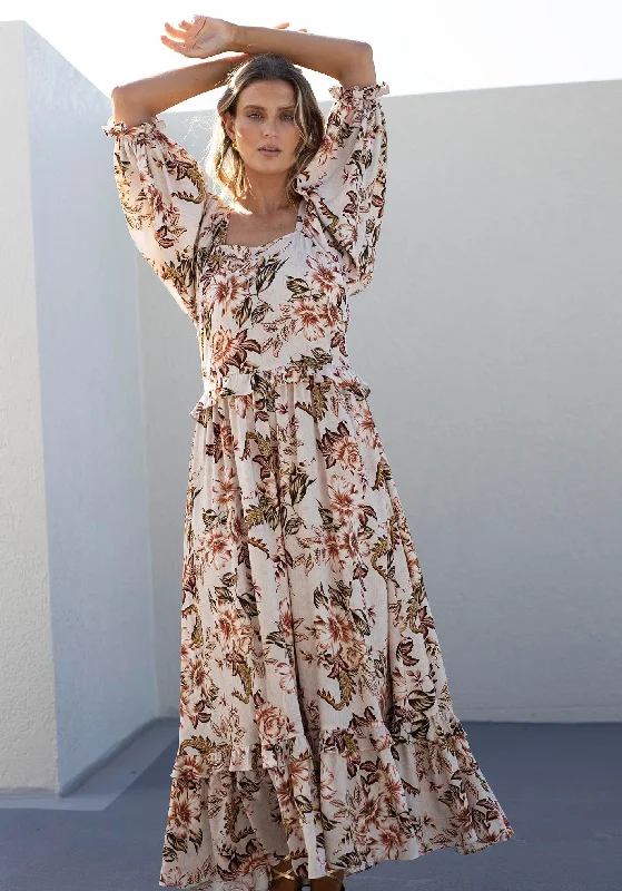 Savannah Blooms Maxi Dress with Sleeve Stylish V-Neck Maxi Dress