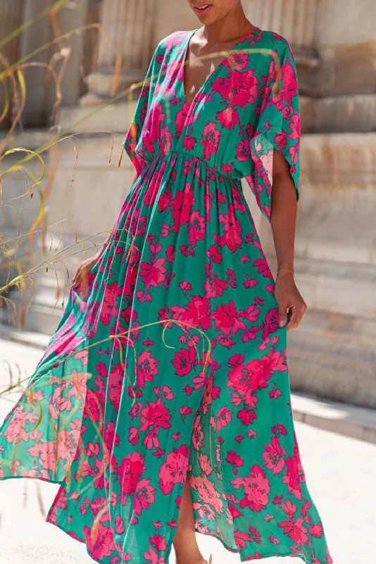 Sea Green Printed V Neck Short Sleeve Split Flared Maxi Dress Trendy Ruffled Maxi Dress Sea Green Printed V Neck Short Sleeve Split Flared Maxi Dress Trendy Ruffled Maxi Dress