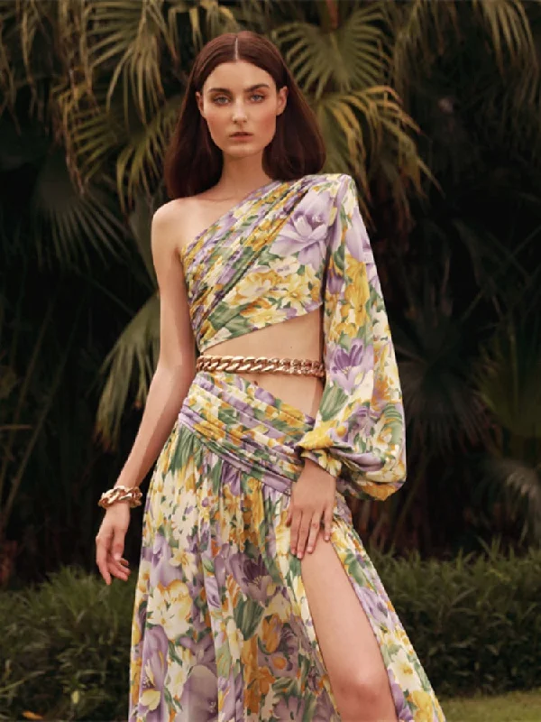 Sexy Slanted One Shoulder Slim Chain Floral Maxi Dress Summer Elegant Floral Irregular Cut Out Long Sleeve Dress Party Evening Trendy Maxi Dress with Bow Sexy Slanted One Shoulder Slim Chain Floral Maxi Dress Summer Elegant Floral Irregular Cut Out Long Sleeve Dress Party Evening Trendy Maxi Dress with Bow