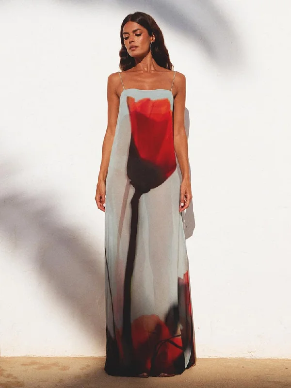 Sexy Summer Spaghetti Strap Floral Print Maxi Dress For Ladies Backless Chic See Through Beach Holiday Robe Comfortable Maxi Dress with Slits Sexy Summer Spaghetti Strap Floral Print Maxi Dress For Ladies Backless Chic See Through Beach Holiday Robe Comfortable Maxi Dress with Slits