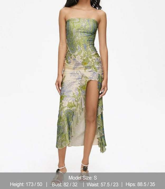 Side Slit Ruffles Mesh Strapless Floral Sleeveless Maxi Dress Comfortable Ruffle Hem Maxi Dress Side Slit Ruffles Mesh Strapless Floral Sleeveless Maxi Dress Comfortable Ruffle Hem Maxi Dress