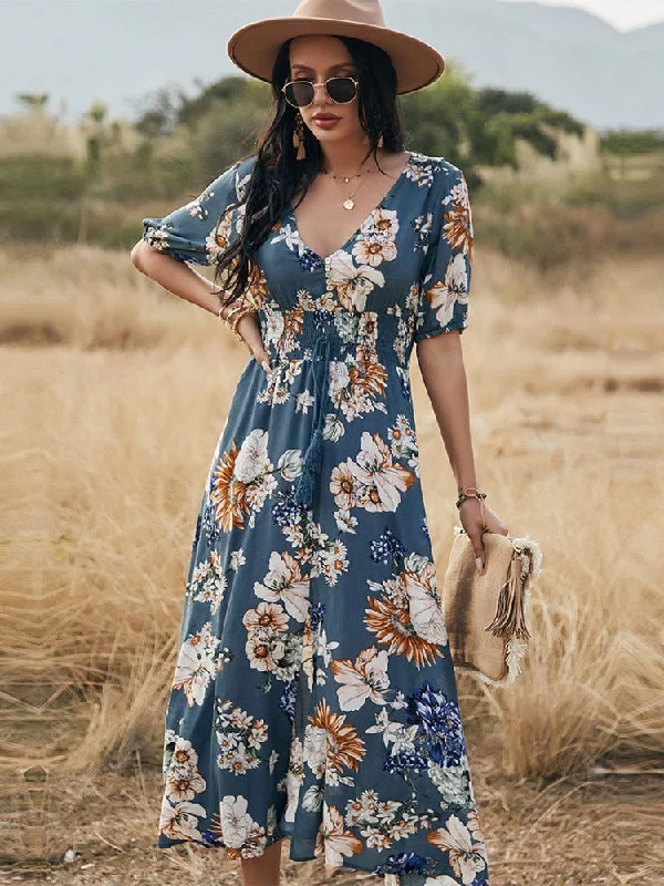 Spring Summer Long Floral Bandage Dress Women Sexy V Neck Slim High Waist Ladies A Line Print Maxi Dresses Comfortable Long-Sleeve Maxi Dress