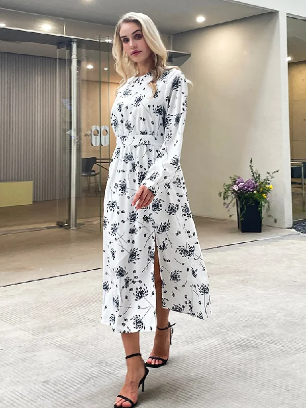 Summer New Design Women Floral print Split Long Sleeved Maxi Dress Stylish Empire Waist Maxi Dress Summer New Design Women Floral print Split Long Sleeved Maxi Dress Stylish Empire Waist Maxi Dress