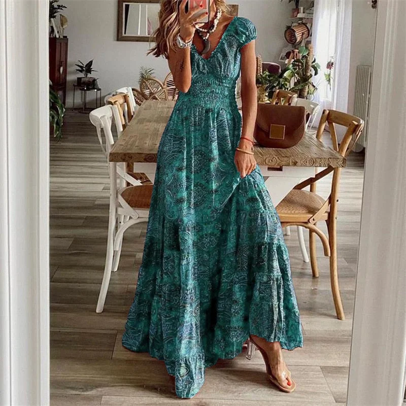 Summer Vintage Long Dresses Women Bohemian Elegant Floral Print V Neck Robe Beach Holiday Casual Big Swing Maxi Dresses Cozy Ruffle Sleeve Maxi Dress Summer Vintage Long Dresses Women Bohemian Elegant Floral Print V Neck Robe Beach Holiday Casual Big Swing Maxi Dresses Cozy Ruffle Sleeve Maxi Dress