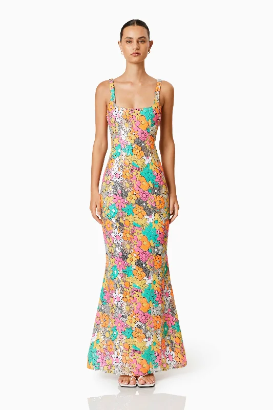 Tiki Floral Sequin Fitted Maxi Dress In Multi Comfortable Bohemian Maxi Dress