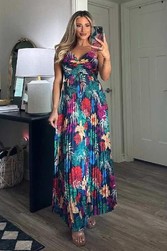 Tropicana Sunsets Pleated Maxi Dress: Navy Multi Elegant Maxi Dress with Lace