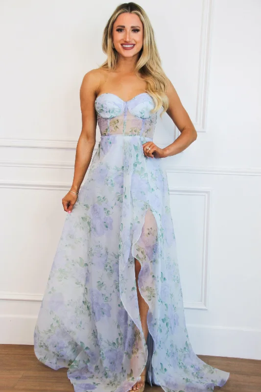 Virginia Floral Bustier Maxi Dress: Dusty Blue Multi Cozy Longline Maxi Dress