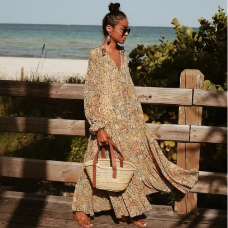 Women Ramadan /Eid Fashion Bohemian Small Tiny Flower Print Long Sleeve Maxi Dress Classic Tulle Maxi Dress Women Ramadan /Eid Fashion Bohemian Small Tiny Flower Print Long Sleeve Maxi Dress Classic Tulle Maxi Dress