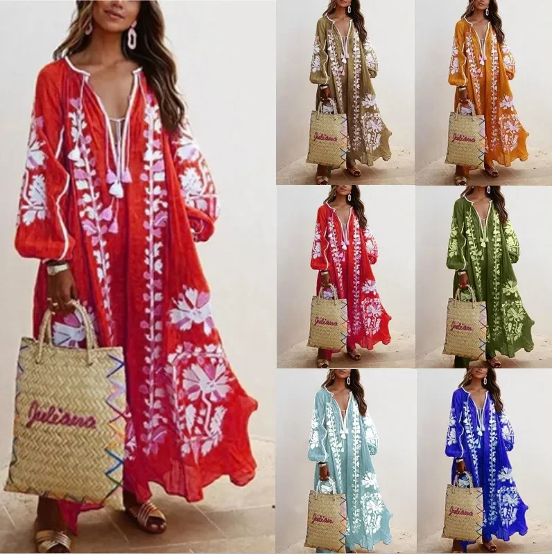 Ramadan /Eid Women Retro Loose V-Neck Long Sleeve Printed Maxi Dress Elegant Lace-Up Maxi Dress Ramadan /Eid Women Retro Loose V-Neck Long Sleeve Printed Maxi Dress Elegant Lace-Up Maxi Dress