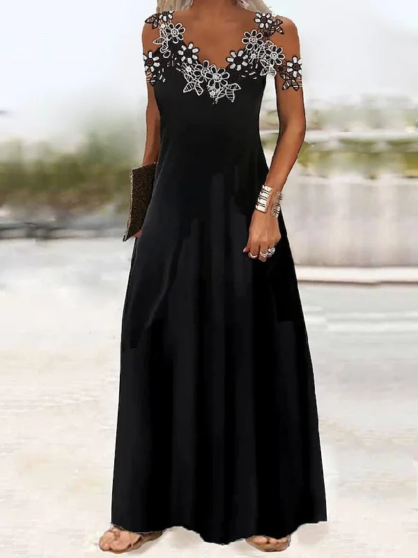 Women's Long Dress Maxi Dress Casual Dress Black Dress A Line Dress Floral Plain Fashion Casual Outdoor Daily Going out Lace Patchwork Sleeveless Strap Dress Regular Fit Black White Green Summer Chic Summer Maxi Dress