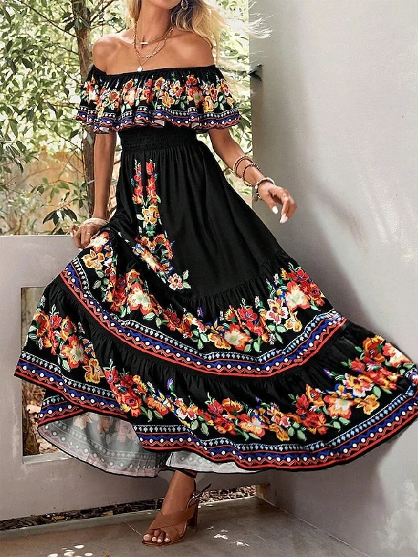 Women's Long Dress Maxi Dress Casual Dress Ethnic Dress A Line Dress Floral Retro Vintage Daily Holiday Vacation Ruffle Print Short Sleeve Off Shoulder Dress Regular Fit Black Summer Spring S M L XL Fashionable Off-Shoulder Maxi Dress