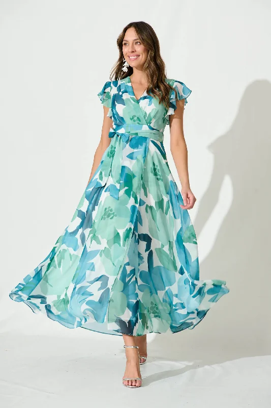 Wynter Maxi Dress In Green And Blue Floral Chiffon Fashionable High-Waist Maxi Dress