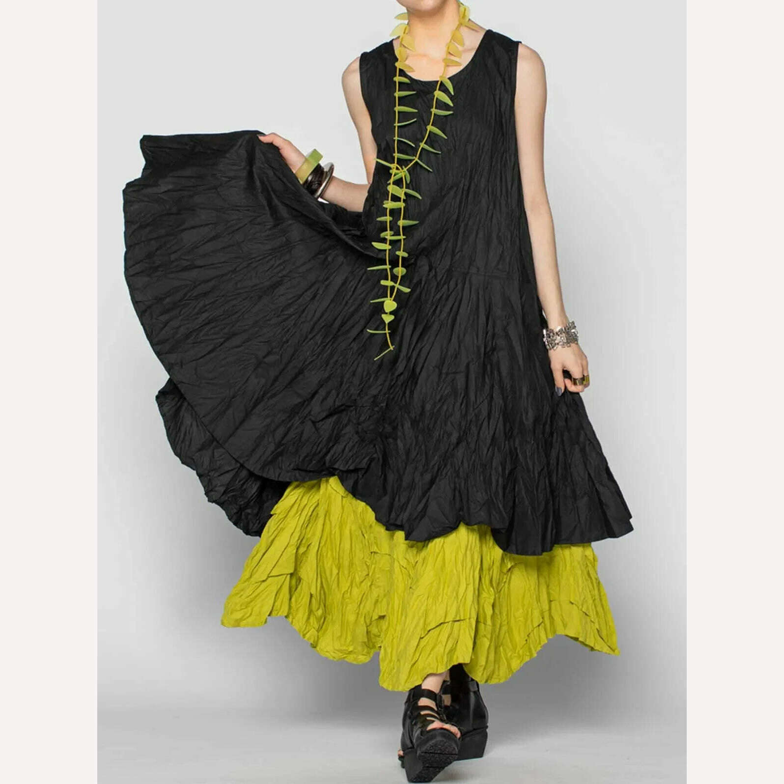 Summer Women's Casual Round Neck Sleeveless Fake Two Pieces Gathered Dress Sexy Petticoat Wild Female Maxi Dresses 2024 Fashionable Maxi Dress with Fringe