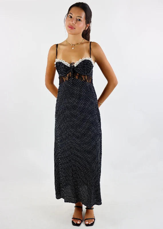 Polka Dot Maxi Dress ★ Black Comfortable Maxi Dress with Belt